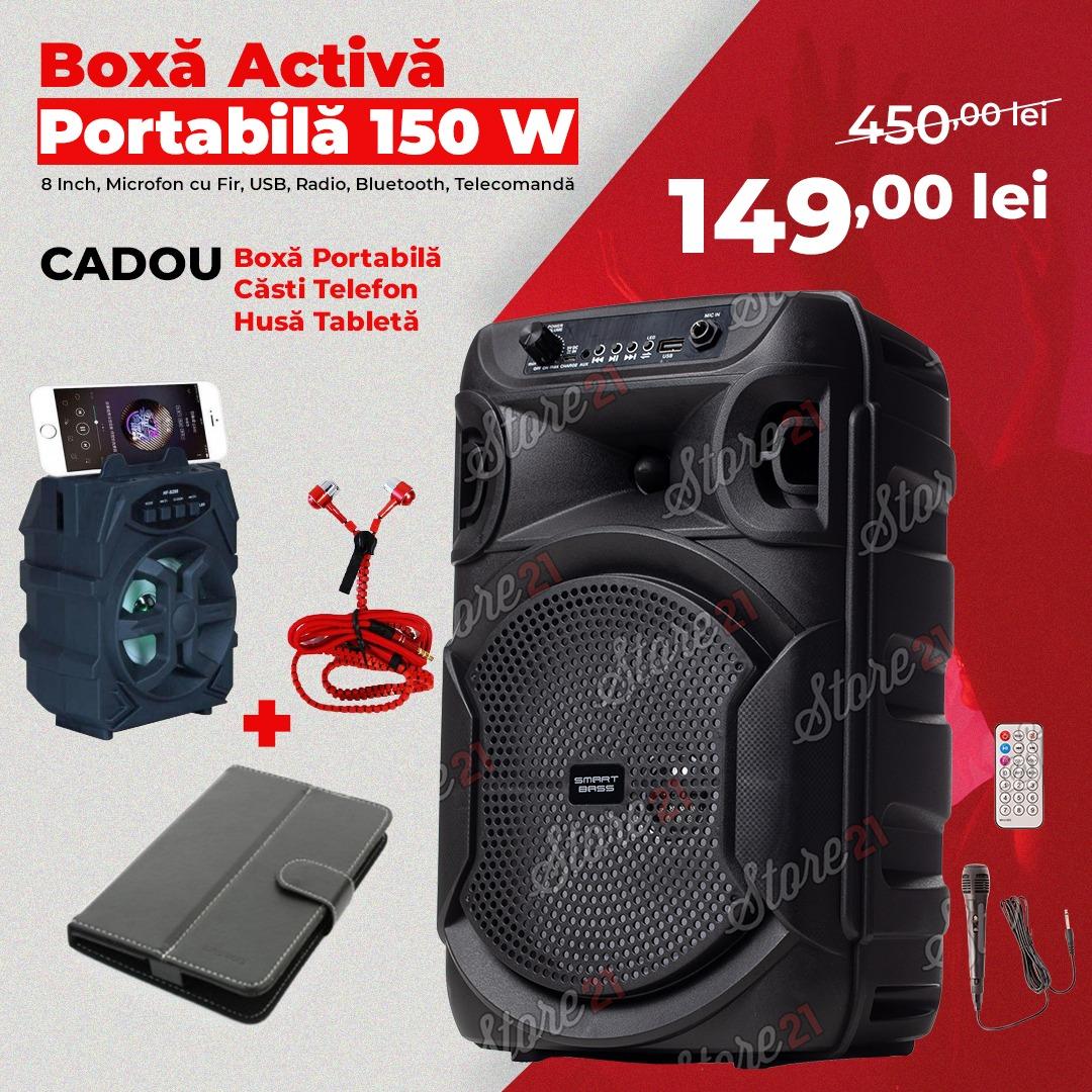 Boxa Activa Portabila 150 W 8 Inch ,Microfon Cu Fir, USB, Radio, Bluetooth,Telecomandă+Cadou portabila+casti telefon+husa tableta - Store21