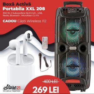 Boxa Activa Portabila XXL 208, 300 W, 2 Subwoofere De 8 Inch , USB, Radio, Blueooth , Microfoan CU Fir+ Castii wireless I12!