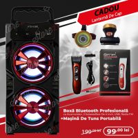 PROMOTIE IMBATABILA! Cu Doar 109 Lei In Loc De 199 Ai:   Boxa Bluetooth Profesionale Cu Acumulator 2 Subwoofere De 4 Inch ,Usb,Radio Fm + masina de tuns portabila  CADOU lanterna de cap