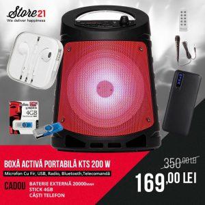 Boxa Activa Portabila KTS 200 W ,Microfon Cu Fir, USB, Radio, Bluetooth,Telecomandă