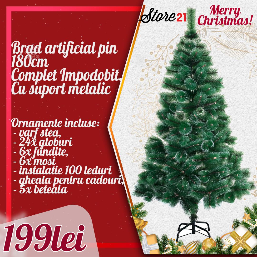 PROMOTIE IMBATABILA! Cu Doar 199 Lei In Loc De499 Ai:Brad Artificial Pin , 1.80 M, Complet Impodobit.Cu Suport Metalic