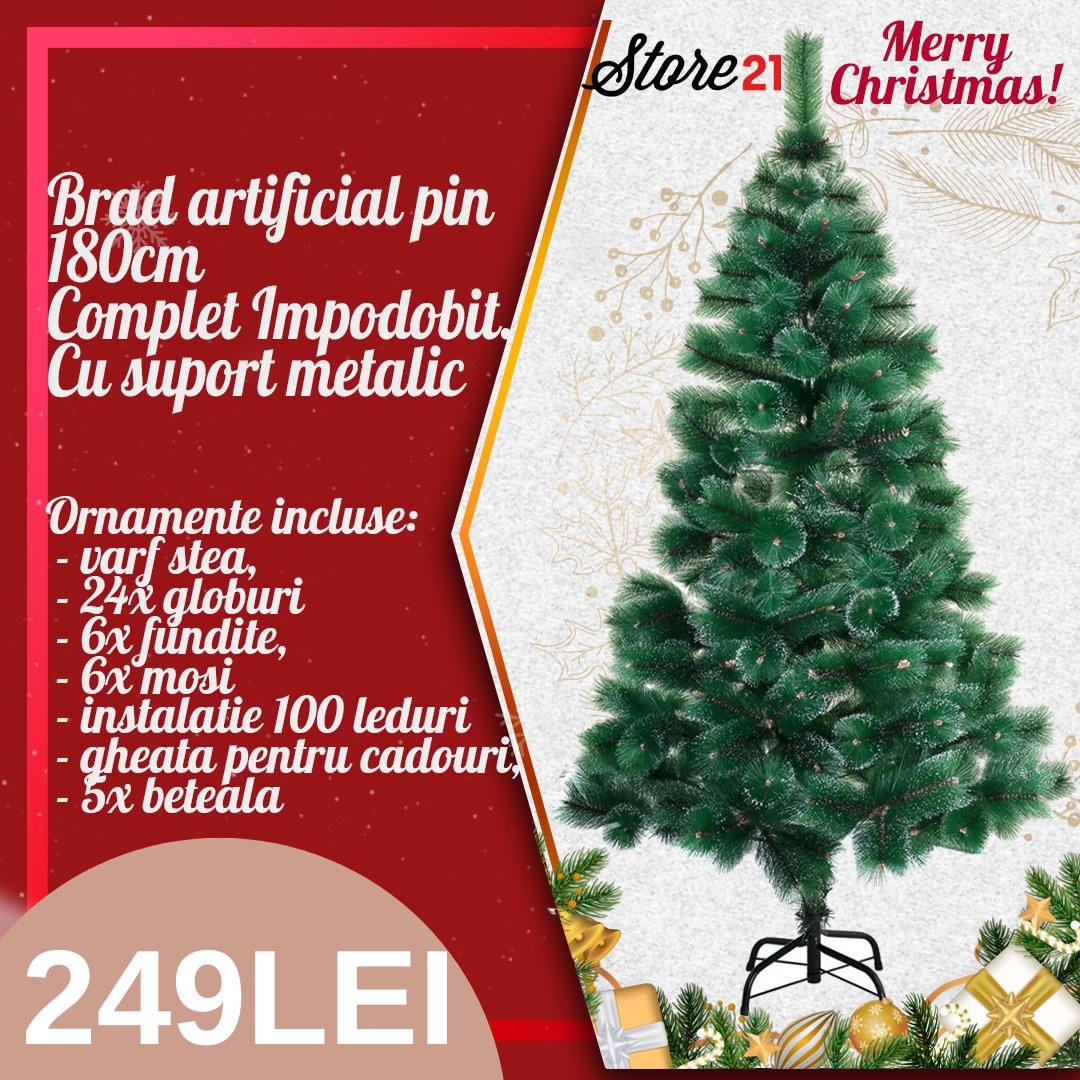 PROMOTIE IMBATABILA! Cu Doar 249Lei In Loc De499 Ai:Brad Artificial Pin , 2.10M, Complet Impodobit.Cu Suport Metalic