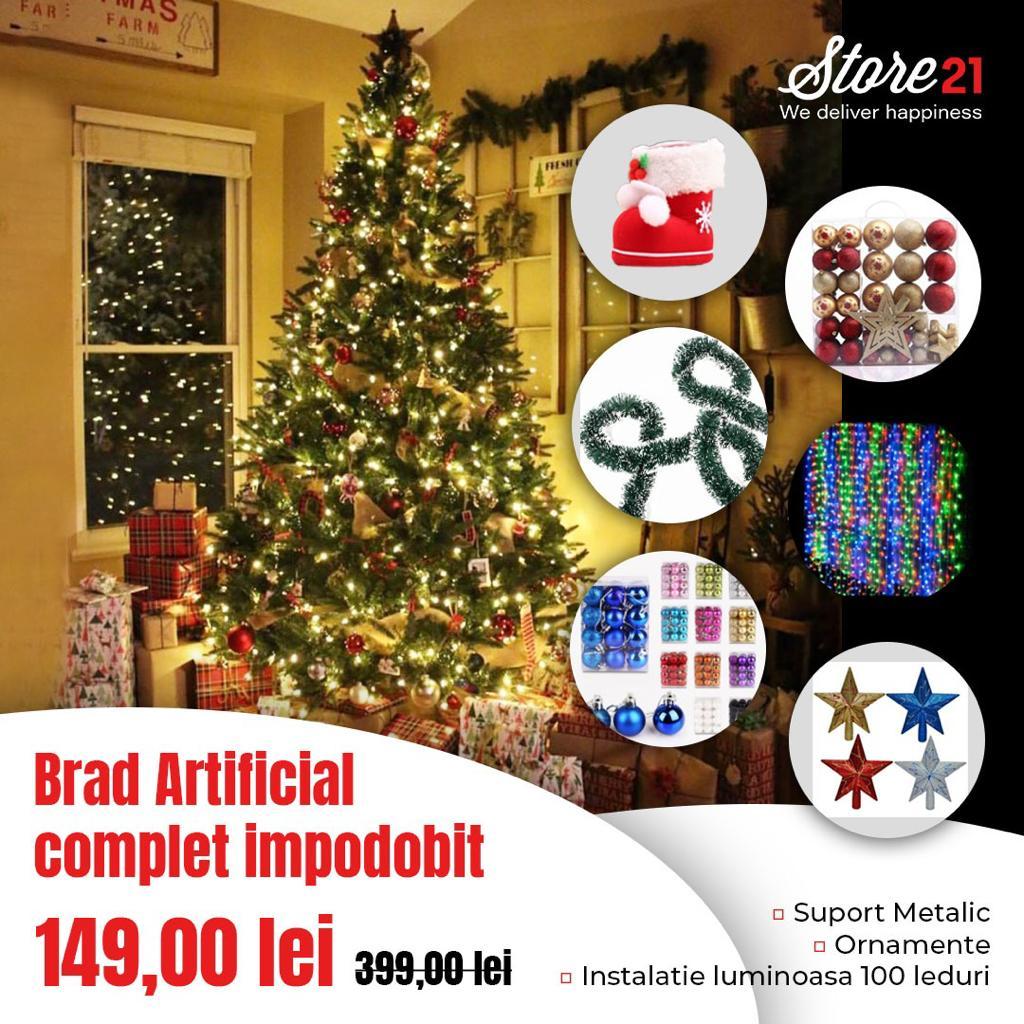 PROMOTIE IMBATABILA! Cu Doar 149 Lei In Loc De399 Ai:Brad artificial , 1.80 m, complet impodobit.cu suport metalic