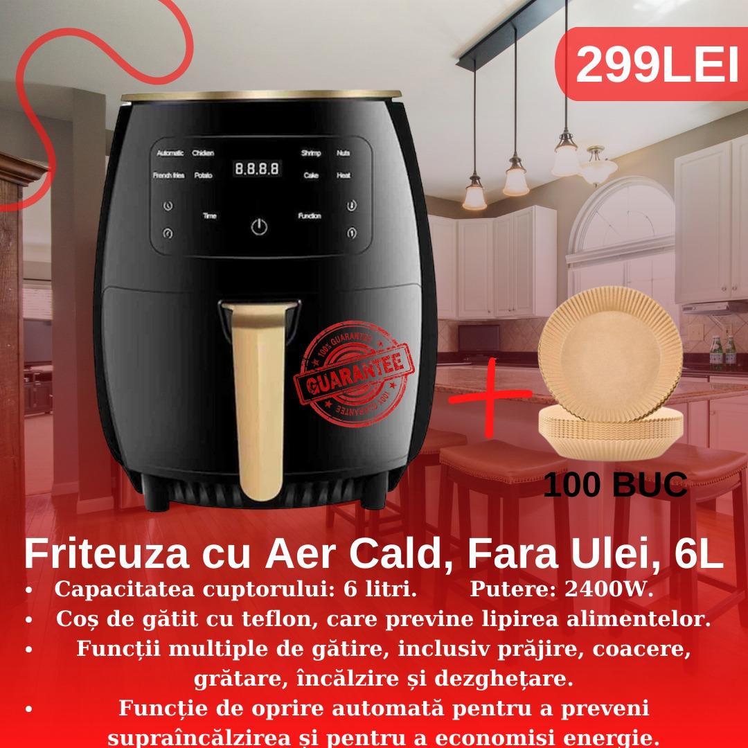 Friteuza cu Aer Cald, Fara Ulei, 6L, 2400W, Functie de Coacere + Set 100 buc hartie