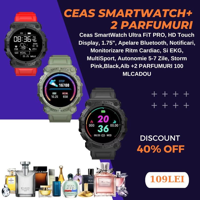 Ceas SmartWatch Ultra FiT PRO, HD Touch Display, 1.75", Apelare Bluetooth, Notificari, Monitorizare Ritm Cardiac, Si EKG, MultiSport, Autonomie 5-7 Zile, Storm Pink,Black,Alb +2 PARFUMURI 100 MLCADOU